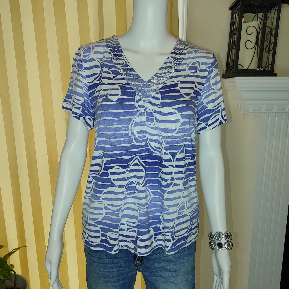 ALFRED DUNNER STUDDES STRIPED FLORAL TOP, PURPLE/WHITE SP